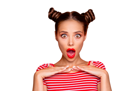 Total sale! Close up portrait of excited and surprised young brunette girl who opened wide her mouth and eyes isolated on red background