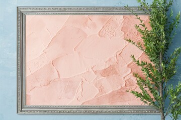 Frame with textured pink background on blue with branch of green thuja