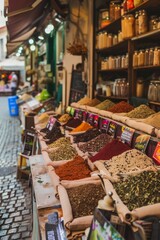 An exotic spice market with rows of stalls filled with aromatic spices, herbs, and teas from around the world, surrounded by ancient architecture and bustling streets, Generative AI