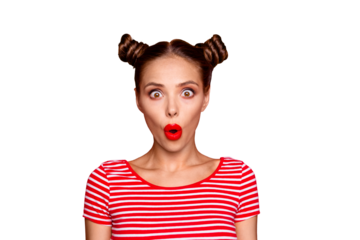 Oops! Closeup portrait of shocked impressed model with red lips with unexpected unbelievable reaction looking at camera with wide open eyes and mouth isolated on red background