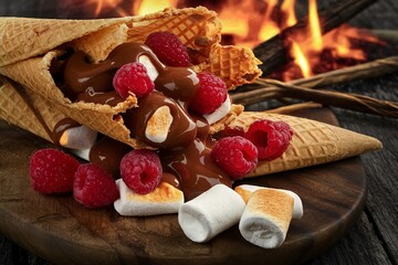 Ingrediens for smore's dessert in a waffle cone, marshmallows, raspberry and chocolate chips