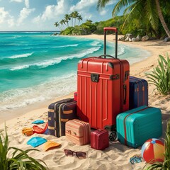 Red travel suitcase with luggage scattered on the beach