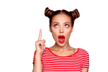 OMG! Close up face of attractive astonished brunette girl with modern hairdo having wide open mouth and brown eyes looking up and show isolated fingers up on red background with copy space
