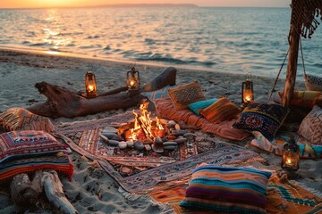 A Boho-style beach bonfire with colorful blankets, floor cushions, and driftwood seating, perfect for gathering around the fire and enjoying the sunset with friends