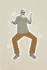 Vertical photo collage of happy old pensioner dance retro party movement leisure occasion entertainment isolated on painted background