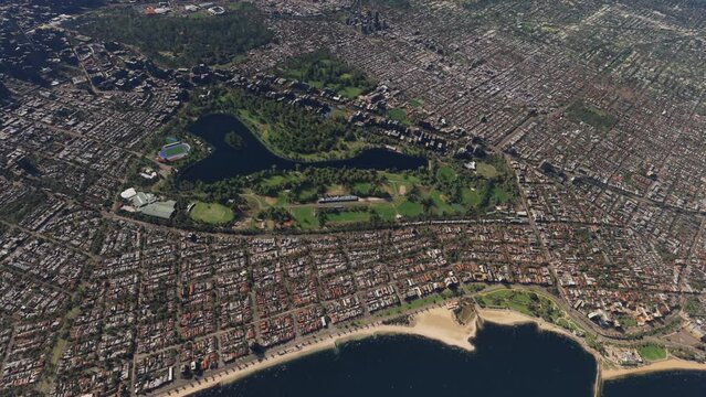 Top aerial view of Albert Park Grand Prix Circuit at Melbourne in Victoria. Australia