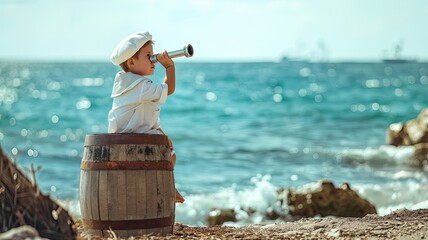 a little boy in a sailor suit sits on a barrel at the beach, gazing through a telescope towards the vast expanse of the sea, with a backdrop of crashing waves and endless horizons.