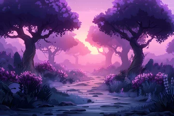 Rolgordijnen A Purple Forest at Sunset. Generative AI © D