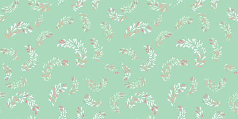 Mint minimalist seamless pattern with abstract painted branches in a tiny shapes drops, spots, dots. Simple green background with geometric texture. Vector hand drawn sketch. Collage for designs