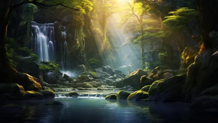 Fotobehang Shafts of sunlight pierce through an ethereal morning forest canopy to illuminate a moss covered waterfall and mountain lake. Beauty of nature concept © Cherstva