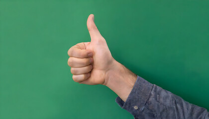 Thumb up hand gesture on green background. Approval, success and agree communication gesture.