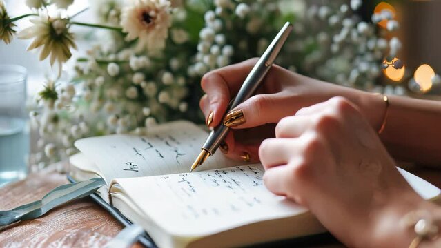 Hand of woman writing on dairy book.