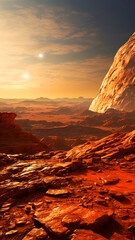 Martian landscape with rocky terrain reddish sky at sunset and distant mountains. Beauty of red planet concept