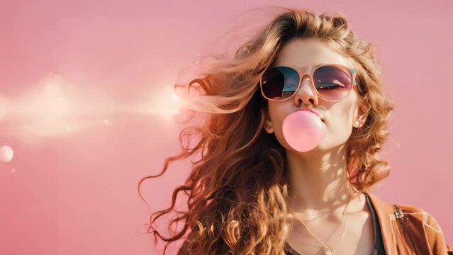 Trendy Young teen with skateboard look blowing bubble gum on pink background.