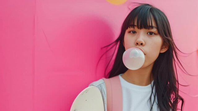 Trendy Young teen with skateboard look blowing bubble gum on pink background.