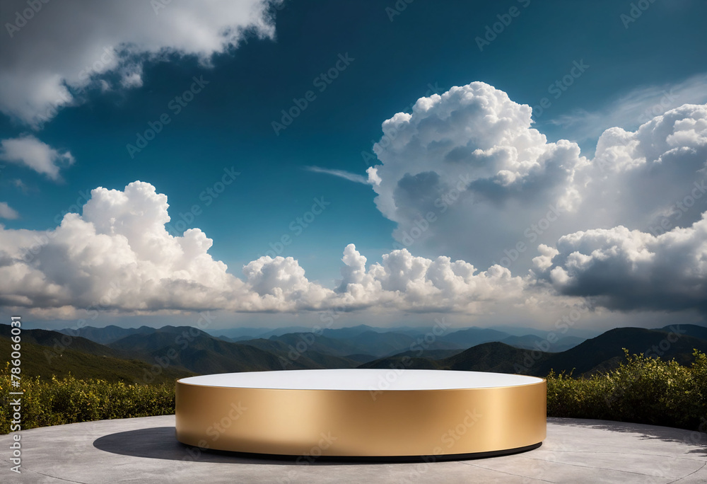Poster Simple round podium for product display with clouds background