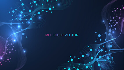Modern abstract molecules structure for science or medical background. DNA helix or atom visualization. Molecular wave flow abstract background. Vector illustration - obrazy, fototapety, plakaty