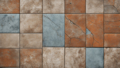 Old blue brown orange vintage shabby patchwork tiles stone concrete cement wall texture background