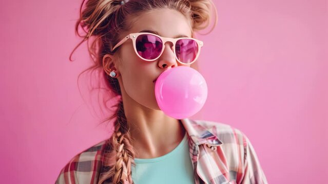 Trendy Young teen with skateboard look blowing bubble gum on pink background.