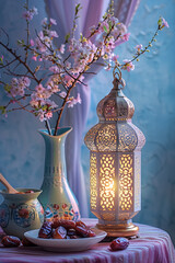 Islamic background, Gift box, lantern, gold crescent moon on white. Design concept of ramadan kareem, mawlid, iftar,isra and miraj or eid al fitr adha, copy space text area, 3D illustration