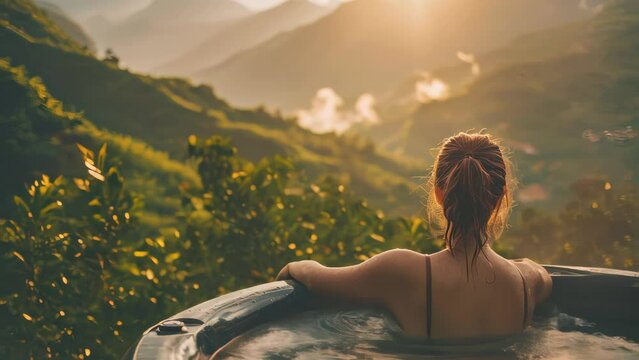 Young woman relaxing at hot tub in ocean background.