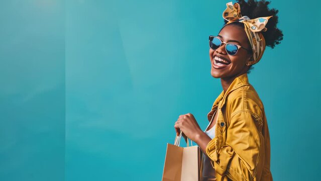 Protrait of young woman carry shopping bag on blue background.