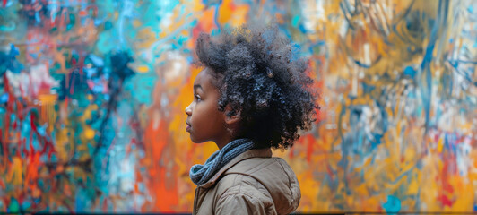 Obraz premium A young girl with curly hair stands in front of a colorful painting