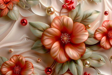 3d illustration wallpaper flower red pearls and leaves