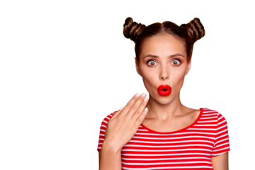 Portrait of shocked impressed woman with unexpected reaction gesturing palm looking at camera with wide open eyes mouth isolated on red background