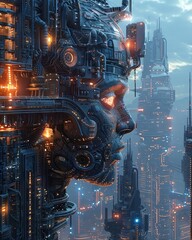 Advanced Cyberpunk Robot Head Overlooking a Futuristic Cityscape with Glowing Neon Lights at Night