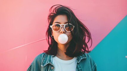 Trendy Young teen with skateboard look blowing bubble gum on pink background.