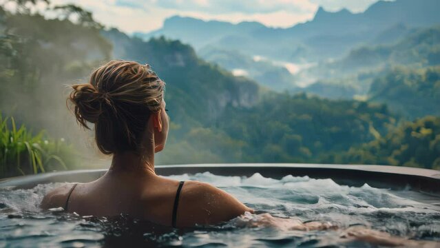 Young woman relaxing at hot tub in ocean background.