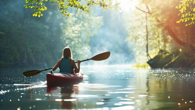 Young woman canoe or kayak adventure in nature. 