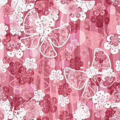 Vector seamless hand drawn pink  floral pattern with butterflies and cherry flowers on striped background