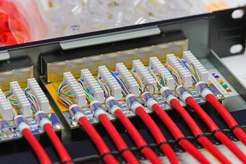 Patch panel with connected twisted pair wires. To connect an Ethernet signal in telecommunication systems. Soft focus.