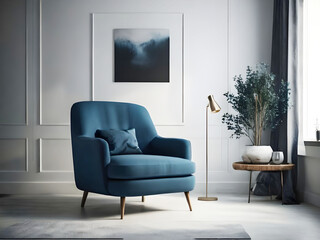 Living room with white blank wall white mockup. with pillow
Oxford Blue Armchair. Scandinavian modern interior design. 3D rendering