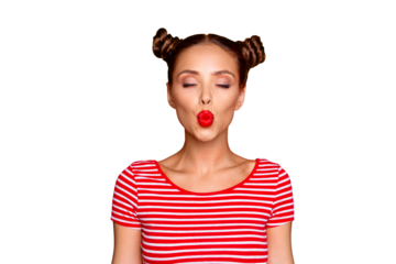 Attractive girl wait kiss from you! Adorable young girl with nice make up wearing striped tshirt and isolated on bright background