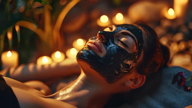 Woman customer indulges in rejuvenating with charcoal face cream massage in spa.