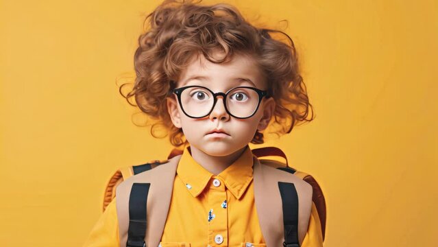 Funny kid with school backpack on color background.