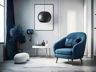 Living room with white blank wall white mockup. with pillow
Oxford Blue Armchair. Scandinavian modern interior design. 3D rendering