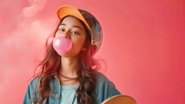 Trendy Young teen with skateboard look blowing bubble gum on pink background.