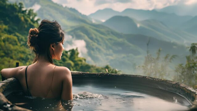 Young woman relaxing at hot tub in ocean background.