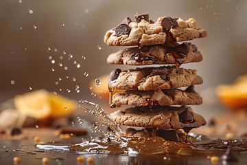 Floating Cookie Flying Chocolate chip cookies with pieces of Chocolate Chip Cookies