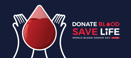World blood donate day, Donate blood save life - Text and white line hands hold drop blood bag shape on dark blue background vector design