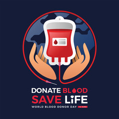 World blood donate day - Hands hold blood bag with blood transfusion line roll circle around vector design - 786068030