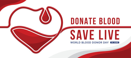 World blood donate day, Donate blood save live - Text and blood transfusion line roll heart and drop shape vector design - 786068057