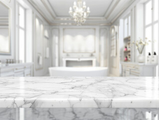 White bathroom interior. Empty marble table top for product display with blurred bathroom interior background - ai