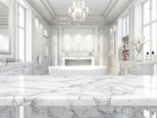 Fototapeta premium White bathroom interior. Empty marble table top for product display with blurred bathroom interior background - ai
