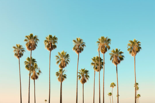 Palm trees on a background of blue sky at sunset in California