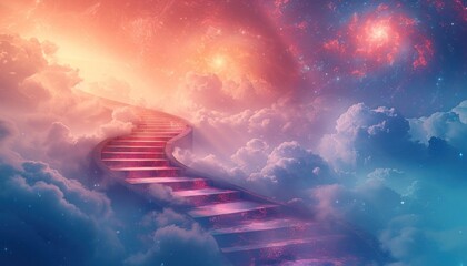 Celestial Ascension Creativity: Abstract illustration of a staircase reaching into the sky, symbolizing elevation. - obrazy, fototapety, plakaty